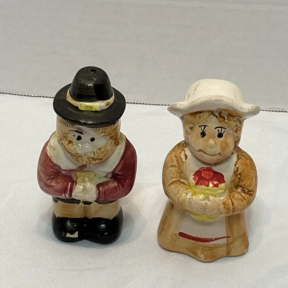 Vintage Pilgrim Salt And Pepper Shakers Man Woman Porcelain 4.25 in multicolor
